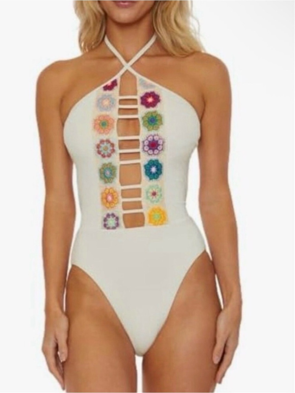 NWT Isabella Rose Crochet One Piece Halter Swimsuit Medium Ivory Boho NEW